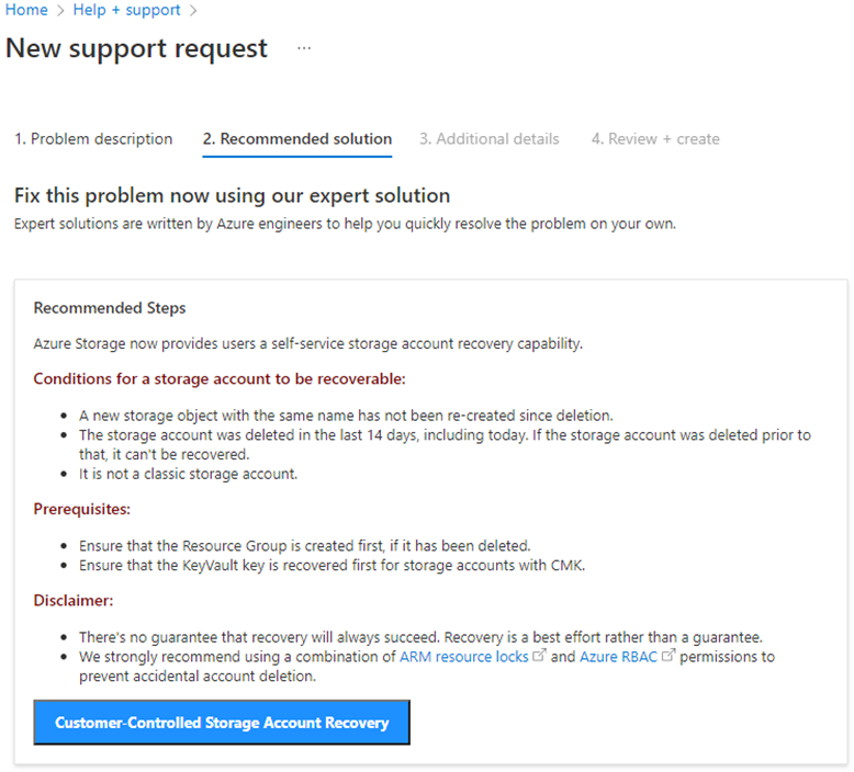 Captura de tela do botão Customer-Controlled Recuperação da Conta de Armazenamento.