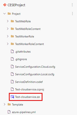 Captura de tela de um exemplo de arquivo de solução de projeto de serviço de nuvem.