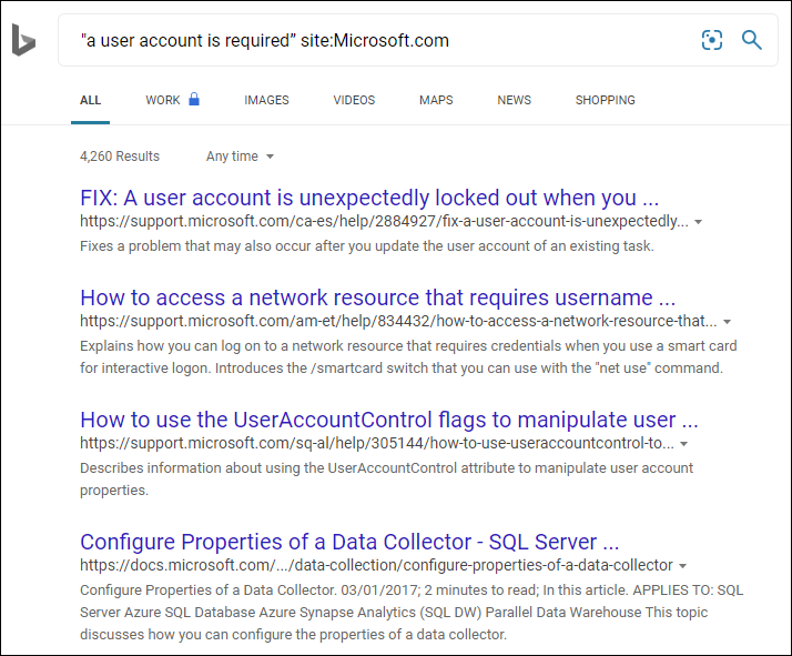 Captura de tela dos resultados da pesquisa da Microsoft.