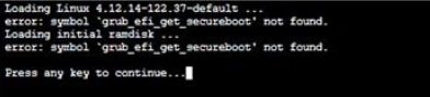 Captura de tela do erro 'grub_efi_get_secure_boot' não encontrado.