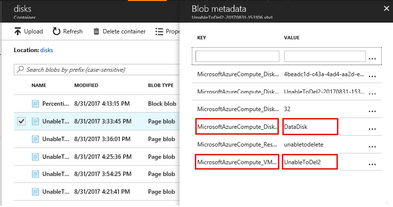 Captura de tela do portal com o painel Metadados de Blob de armazenamento aberto.