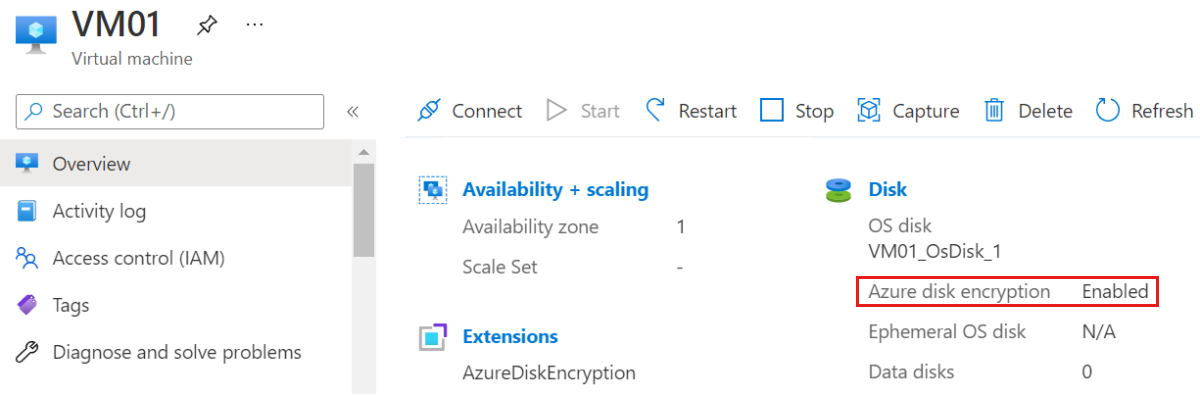 Captura de tela da folha de visão geral para um V M no portal do Azure mostrando que AD E está habilitado no disco.