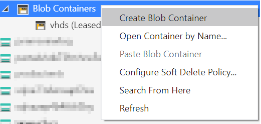 Sreenshot do Gerenciador de Armazenamento do Azure mostrando o menu de atalho para Contêineres de Blob no menu de navegação, com Criar Contêiner de Blob realçado.