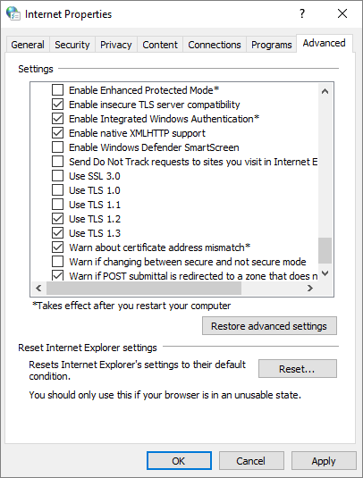 Captura de tela que mostra as configurações relacionadas ao TLS em Propriedades da Internet.