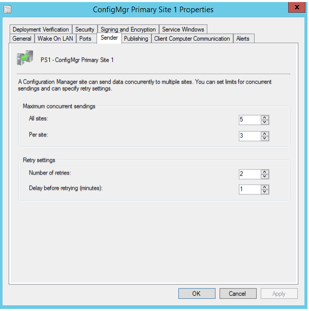 A captura de tela mostra informações na guia Remetente na janela Propriedades do Site Primário do ConfigMgr.