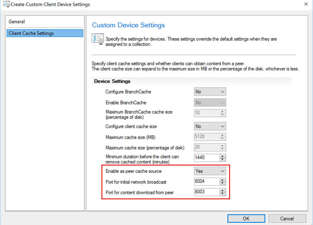 A captura de tela mostra detalhes das configurações de cache do cliente.