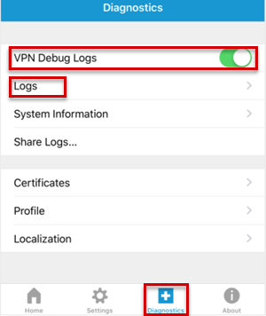 Captura de tela que mostra a opção Logs de depuração de VPN.