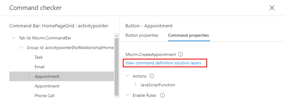 Captura de tela do link Exibir camadas de solução de definição de comando abaixo do nome do comando.