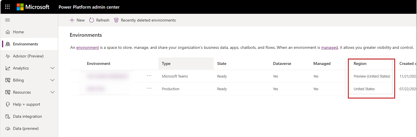 Captura de tela que mostra como verificar a região do ambiente do Power Platform.