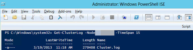 Captura de tela do log do cluster do Windows no Windows PowerShell.