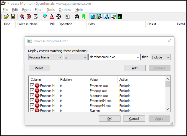 Captura de tela da ferramenta procmon que mostra database.exe está filtrada.