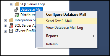 Captura de tela da opção de envio de e-mail de teste que aparece após clicar com o botão direito do mouse em Database Mail.