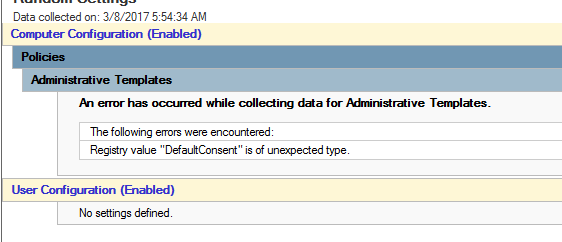 Captura de ecrã a mostrar um erro ao recolher dados para Modelos Administrativos. Valor de registo DefaultConsent é de tipo inesperado.