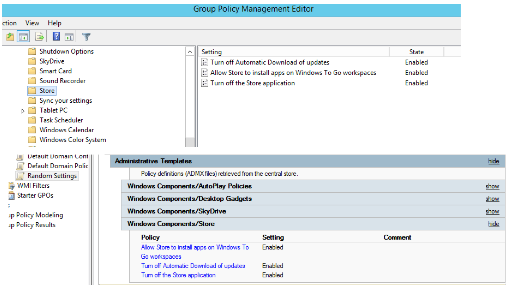 Captura de ecrã a mostrar 3 políticas ativadas: Desativar a Transferência Automática de atualizações, Permitir que a Loja instale aplicações nas áreas de trabalho do Windows To Go e Desativar a aplicação loja.