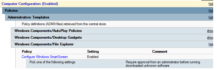 Captura de ecrã a mostrar que a política Configurar o Windows SmartScreen está ativada e existe uma caixa Escolher uma das seguintes definições com 1 item nesta política.