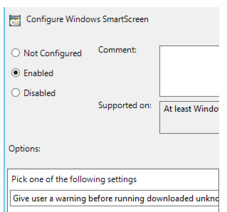 Captura de ecrã da janela configurar definições do Windows SmartScreen no Editor de Objetos de Política de Grupo se selecionar a segunda opção.