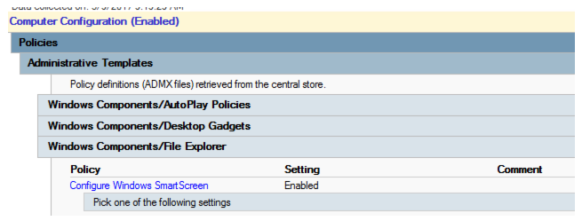 Captura de ecrã a mostrar que a política Configurar o Windows SmartScreen está ativada e existe uma caixa Escolher uma das seguintes definições nesta política.