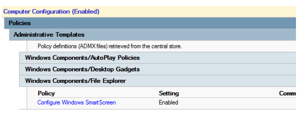 Captura de ecrã a mostrar que a política Configurar o Windows SmartScreen está ativada e está vazia nesta política.