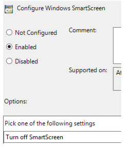 Captura de ecrã da janela configurar definições do Windows SmartScreen no Editor de Objetos de Política de Grupo quando seleciona a opção Desativar SmartScreen.