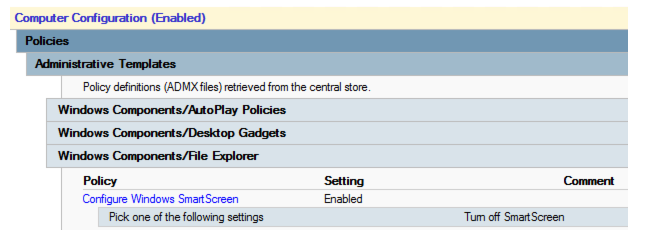 Captura de ecrã a mostrar que a política Configurar o Windows SmartScreen está ativada. Desativar o SmartScreen está listado na caixa Escolher uma das seguintes definições.