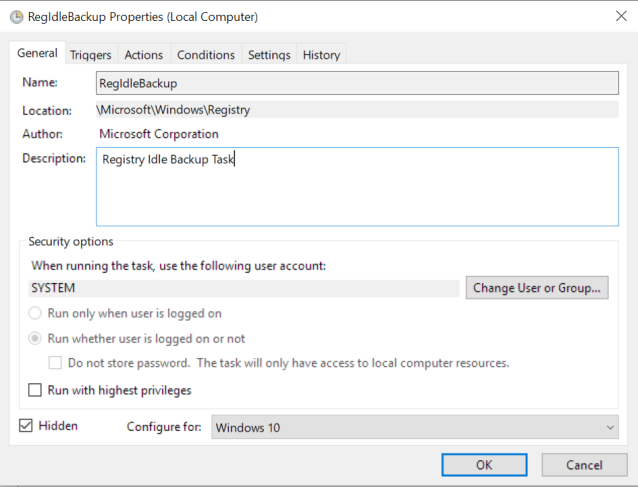 Captura de tela das propriedades da tarefa RegIdleBackup.