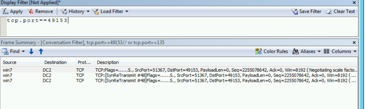 Captura de tela do Monitor de Rede que mostra as retransmissões TCP SYN.