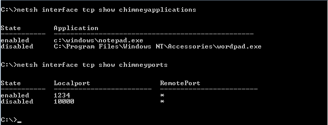 Captura de tela da saída do comando netsh que mostra as configurações da chaminé.