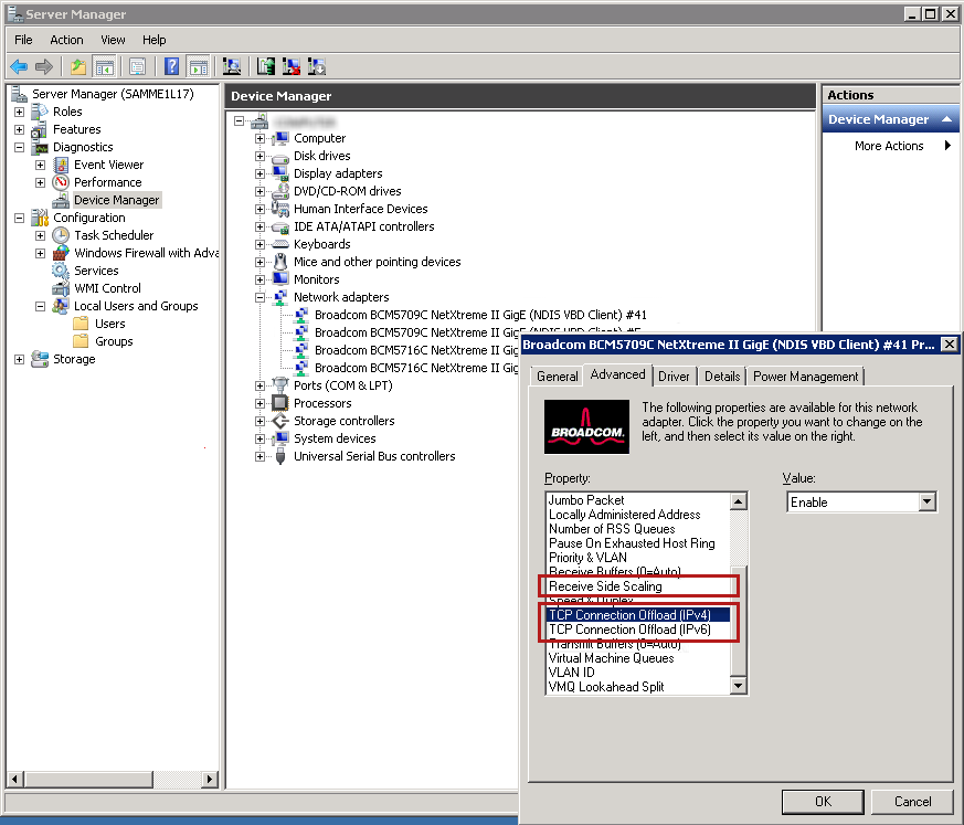 Captura de tela da janela do Gerenciador do Servidor com uma janela de propriedades do adaptador de rede aberta, que mostra as configurações de RSS (Descarregamento de Conexão TCP) e RSS (Receive Side Scaling) na guia Avançado.