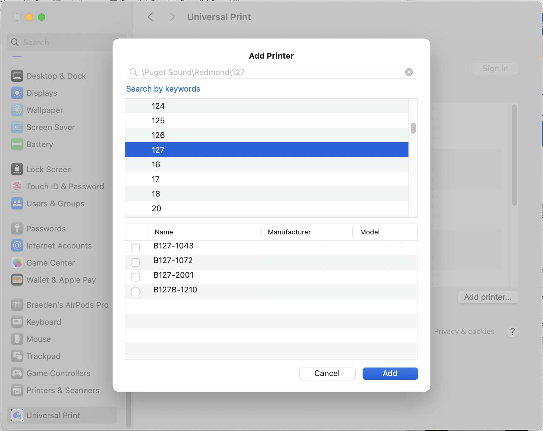 Captura de tela da página de configurações de Impressão Universal após clicar em 