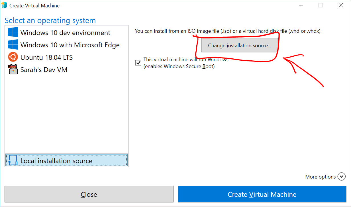 Captura de tela da tela Criar Máquina Virtual, mostrando o painel Selecionar um sistema operacional.