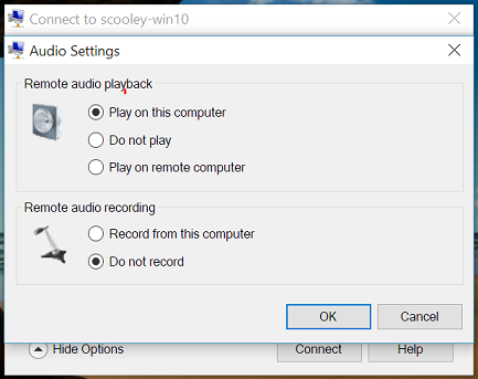 Captura de tela da reprodução de áudio remoto definida como Reproduzir neste computador e desabilitação da Gravação de áudio remoto.