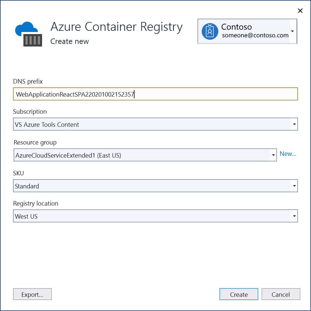 Captura de tela da caixa de diálogo Criar Registro de Contêiner do Azure do Visual Studio.