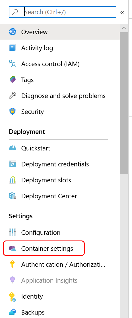 Captura de tela do menu Configurações de Contêiner no portal do Azure.