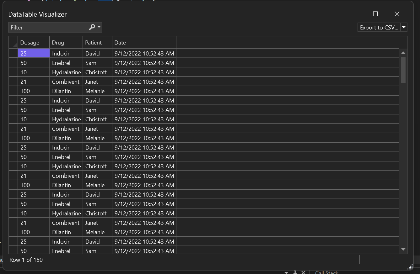 Captura de tela de Exibir os dados do visualizador DataSet.