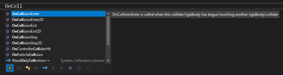 Captura de tela da caixa de diálogo IntelliSense mostrando OnCollisionEnter.