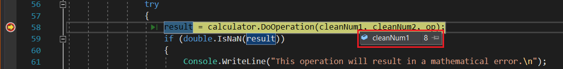 Screenshot that shows viewing a DataTip.