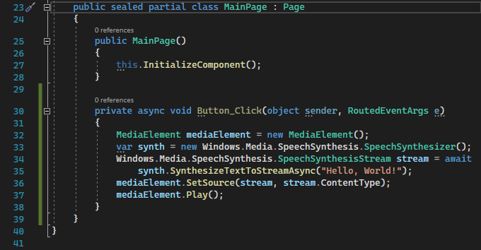 Screenshot showing the C# code for the new async Button_Click event handler.