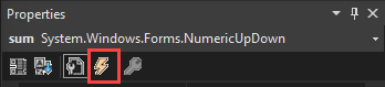 Screenshot that shows the toolbar of the Properties dialog box. An icon that contains a lightning bolt is called out.