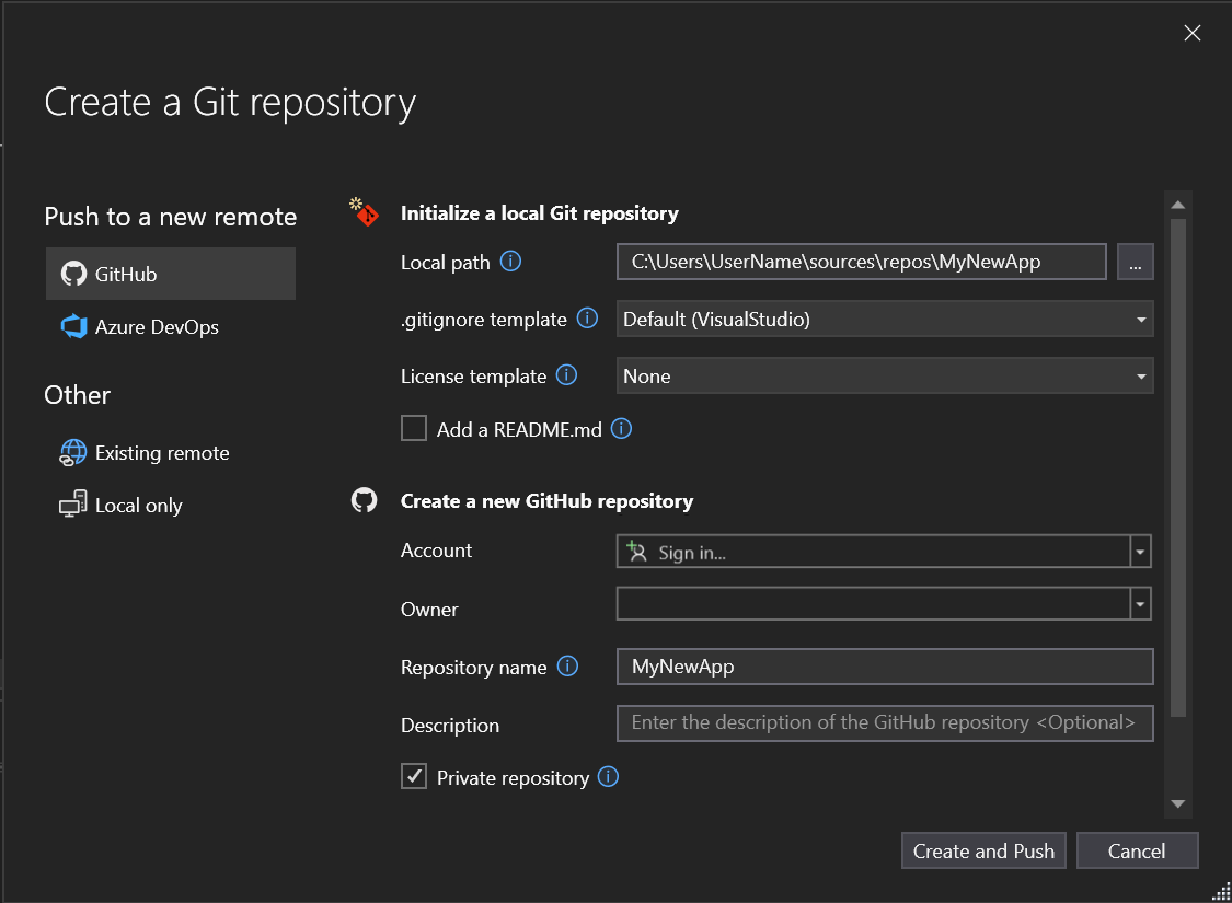 Captura de tela da caixa de diálogo Criar Repositório Git no Visual Studio com a seleção do GitHub realçada.