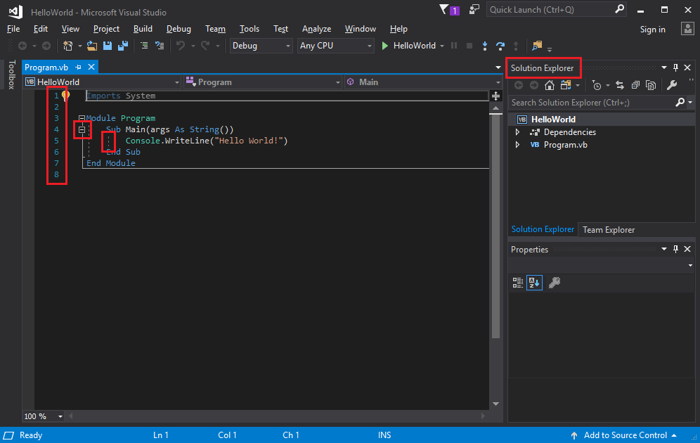 Captura de tela que mostra o IDE do Visual Studio com caixas vermelhas.