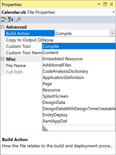 Ações de build para um arquivo no Visual Studio