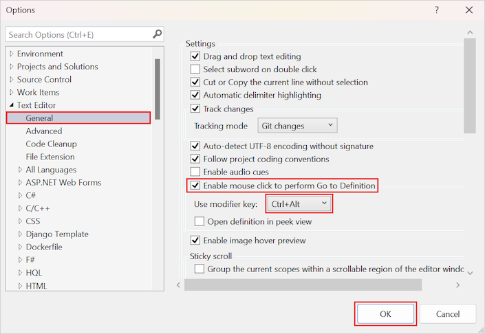 Captura de tela das opções do Editor de Texto para o recurso Ir para Definição, incluindo a configuração 