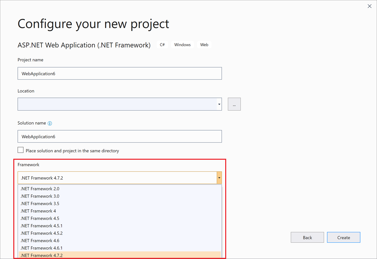 Captura de tela da lista suspensa Framework na caixa de diálogo Configurar novo projeto no Visual Studio 2019.