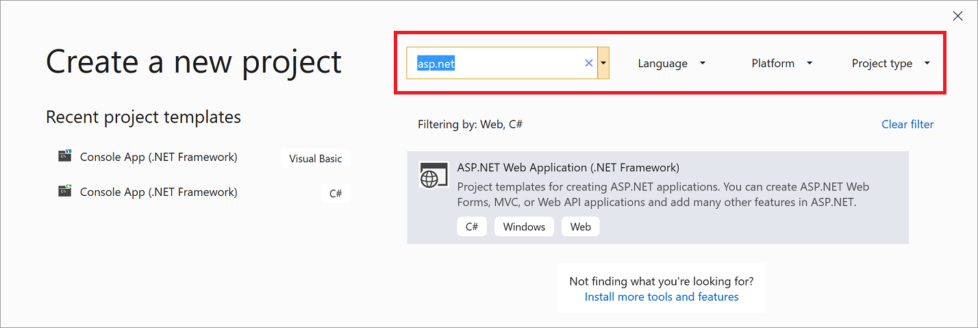 Captura de tela dos filtros de modelo de projeto no Visual Studio 2019.