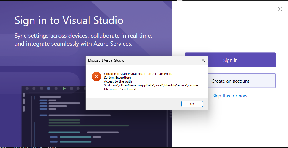 Captura de tela mostrando o erro Acesso ao caminho 'C:\Users\<UserName>\AppData\Local\. IdentityService\<Algum nome> de arquivo' é negado.