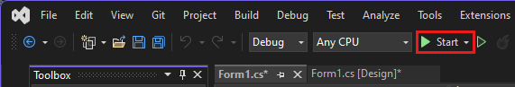 Screenshot to select Start to debug and run the app.