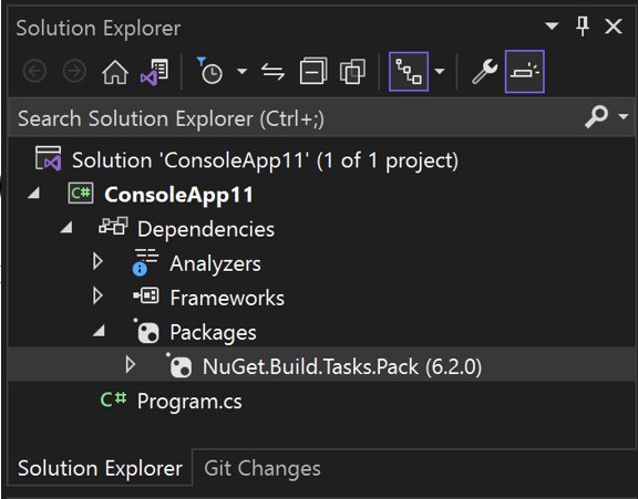 Screenshot of NuGet package in Solution Explorer.