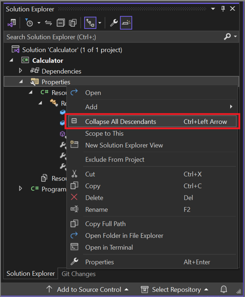 Captura de tela do comando Recolher Todos os Descendentes no menu de contexto do botão direito do mouse no Gerenciador de Soluções.