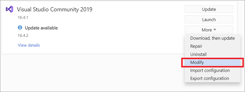 Captura de tela do botão Modificar no Instalador do Visual Studio. O botão está localizado no menu suspenso Mais quando uma atualização está pendente.