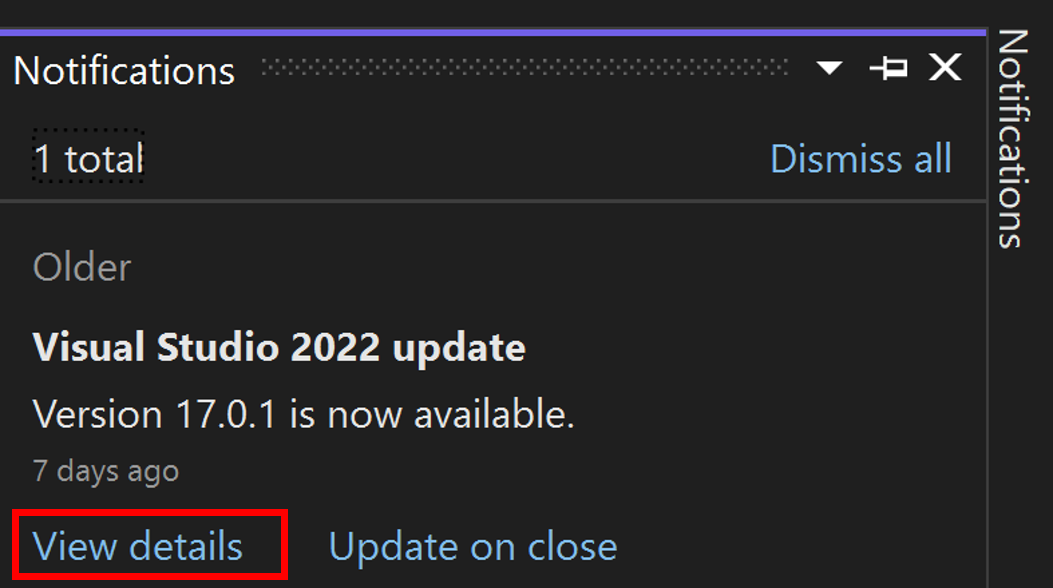 Captura de tela mostrando o hub de notificações no IDE do Visual Studio.